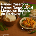 Comparativa visual entre paneer casero y paneer Nanak en cubos, con texto destacado sobre fondo cálido y rústico.