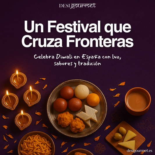 Diyas encendidos y dulces indios celebrando Diwali en España con Desi Gourmet