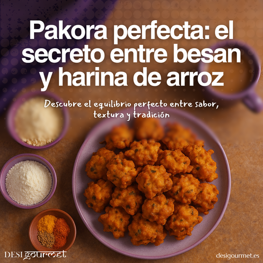 Pakoras crujientes servidas con chai y harinas Desi Gourmet