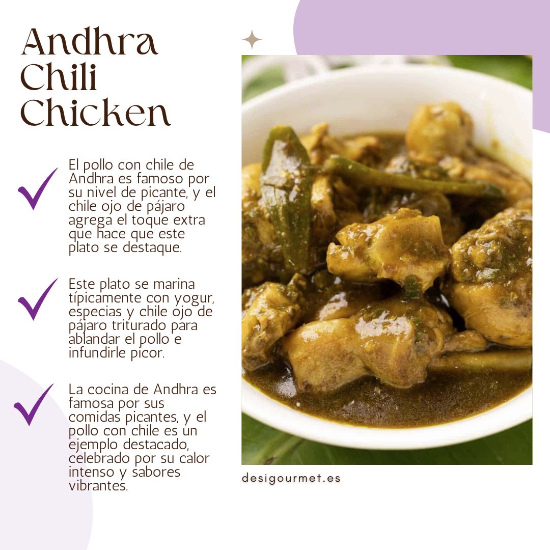El pollo con chile de Andhra es famoso por su nivel de picante, y el chile ojo de pájaro agrega el toque extra que hace que este plato se destaque.
Este plato se marina típicamente con yogur, especias y chile ojo de pájaro triturado para ablandar el pollo e infundirle picor.
La cocina de Andhra es famosa por sus comidas picantes, y el pollo con chile es un ejemplo destacado, celebrado por su calor intenso y sabores vibrantes.