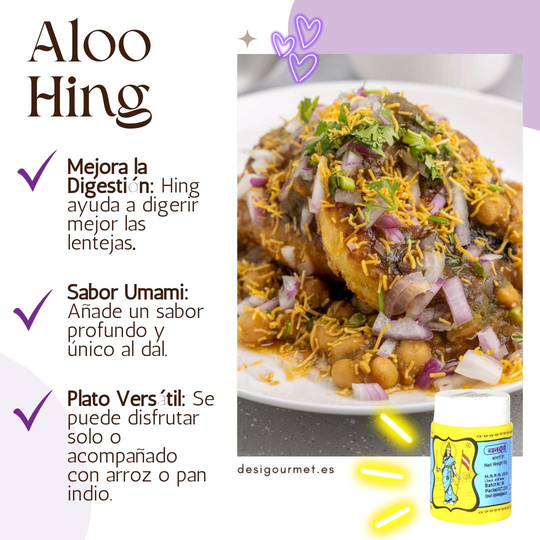 Aloo Hing con papas crujientes cubiertas con chutneys salados, adornado con cebollas y sev, destacando los beneficios digestivos del Hing de Vandevi.