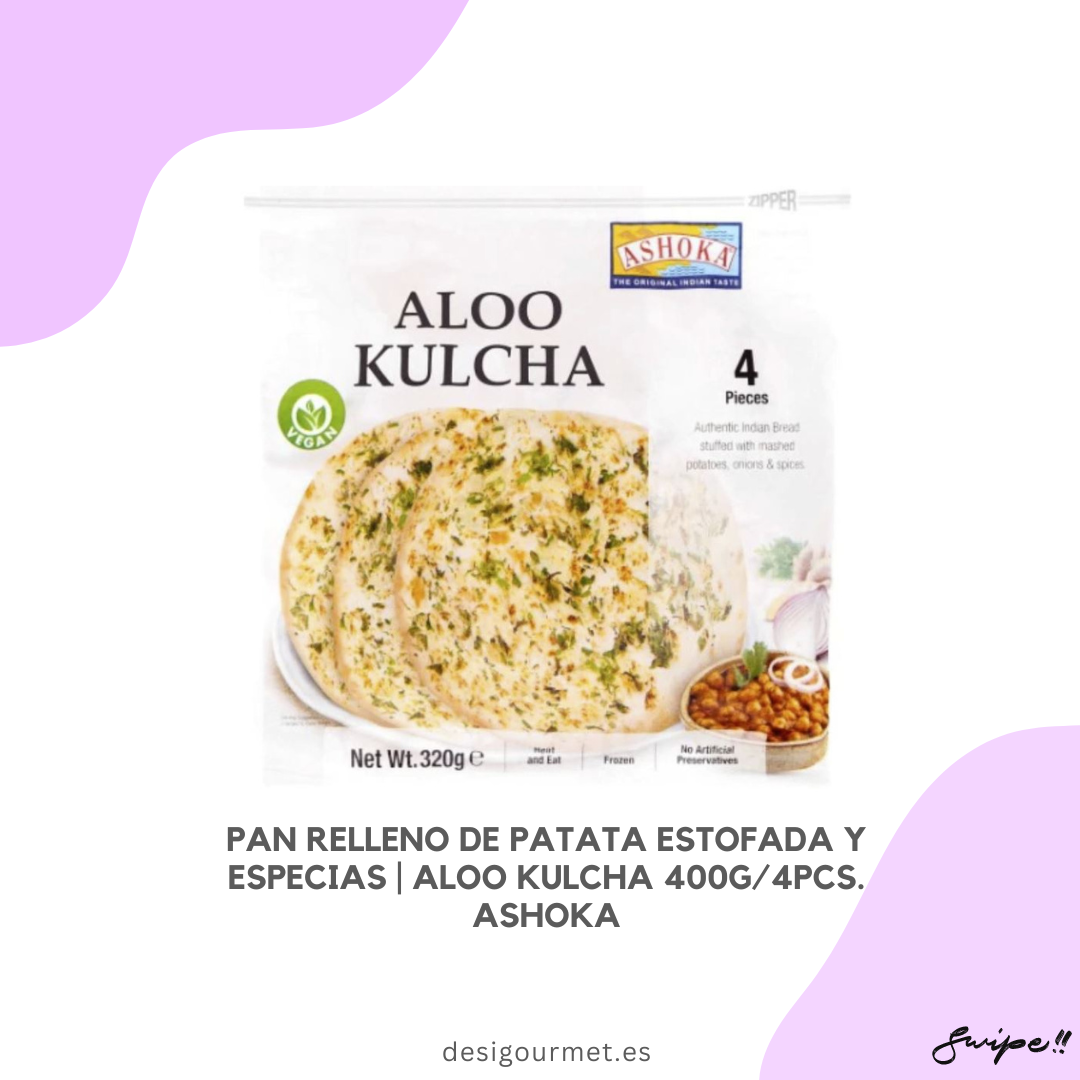 English: Enjoy Aloo Kulcha with Indian dishes like Chole and Raita. Authentic flavor in every bite. Spanish: Disfruta del Aloo Kulcha con platos indios como Chole y Raita. Sabor auténtico en cada bocado.