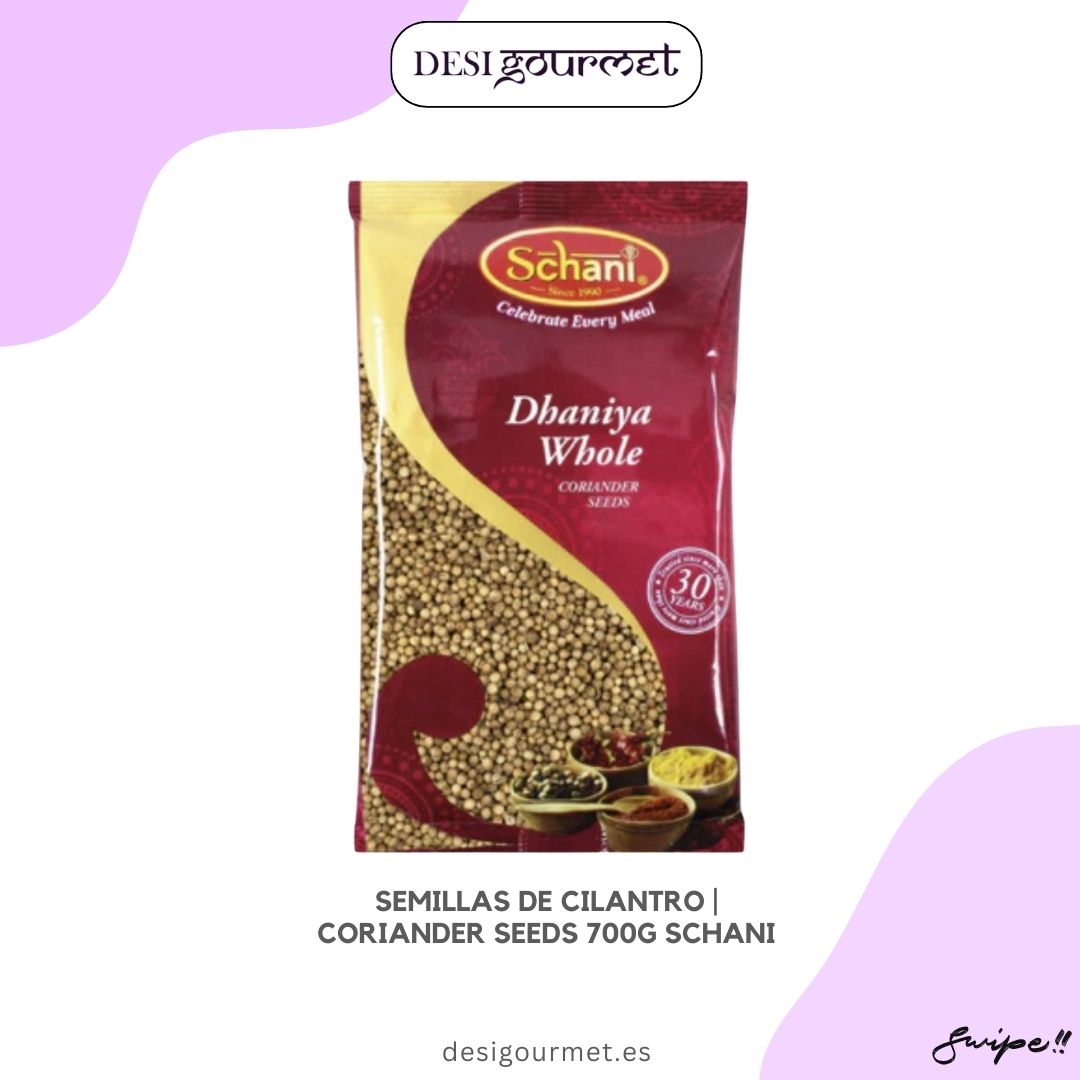 "Descubre las semillas de cilantro 700G Schani para realzar el sabor de tus platos. Ideal para curry, chutneys y más. Compra ahora en Desi Gourmet. 🌿