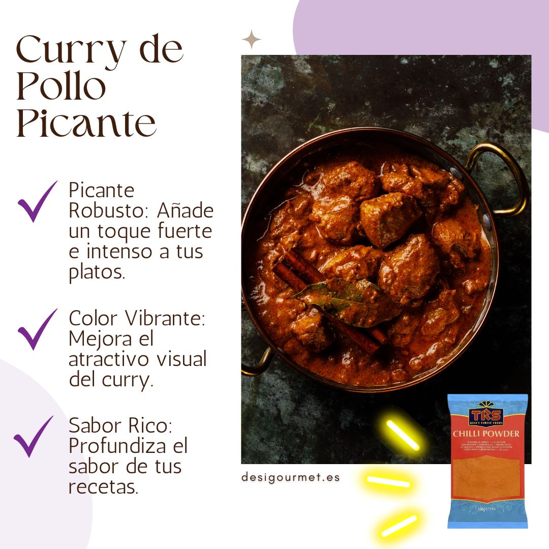 Curry de Pollo Picante Infographic Alt Text: "An infographic for spicy chicken curry, featuring a rich, deep-colored curry with tender chicken pieces. Key points emphasize bold, intense heat, vibrant color to enhance visual appeal, and rich flavors that deepen the recipe. Includes TRS Chilli Powder to boost spiciness."