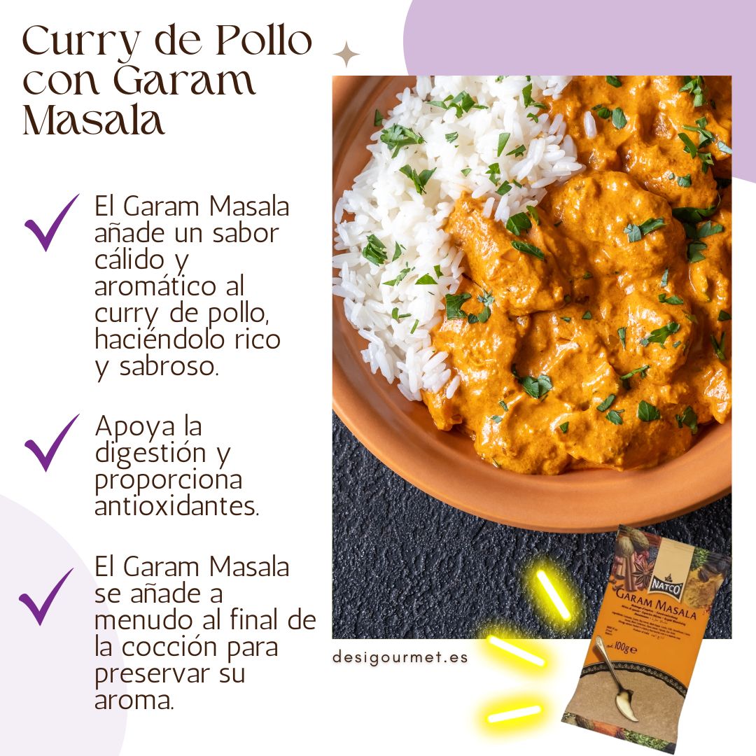 A delicious plate of chicken curry served with white rice, enhanced with the aromatic flavors of Garam Masala. Text on the side highlights the benefits of Garam Masala in adding depth and warmth to dishes.