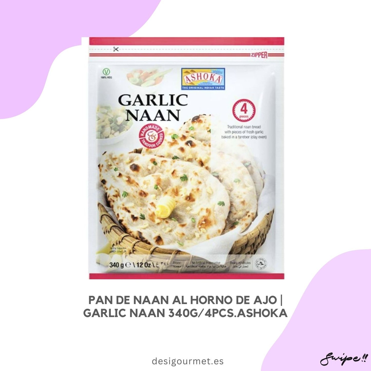 English: Enjoy Garlic Naan with Indian dishes like Chicken Tikka Masala and Saag Paneer. Authentic flavor in every bite. Spanish: Disfruta del Naan de Ajo con platos indios como Pollo Tikka Masala y Saag Paneer. Sabor auténtico en cada bocado.
