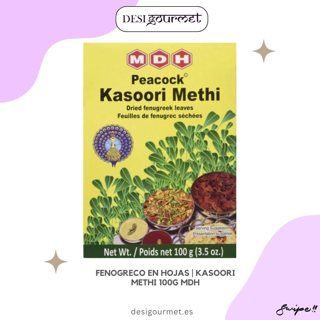 "Buy MDH Kasoori Methi 100g online at Desi Gourmet. Dried fenugreek leaves perfect for adding a unique flavor to your dishes. Ideal for curries, sauces, and more."