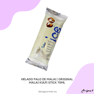English: Enjoy Original Malai Kulfi Stick, a traditional Indian dessert with flavors of cardamom, rose water, and nuts.  Spanish: Disfruta del Original Malai Kulfi Stick, un postre indio tradicional con sabores de cardamomo, agua de rosas y nueces.