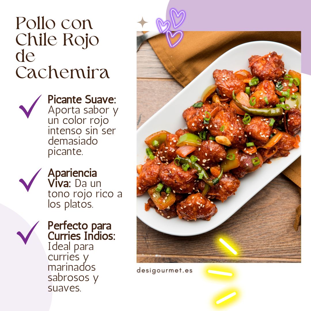 English: "Delicious plate of chicken stir-fried with colorful vegetables, flavored with Kashmiri red chili for a mild, vibrant red hue perfect for Indian curries."
Spanish: "Delicioso plato de pollo salteado con coloridas verduras, sazonado con chile rojo de Cachemira para un suave toque picante y un vibrante tono rojo, ideal para curries indios."