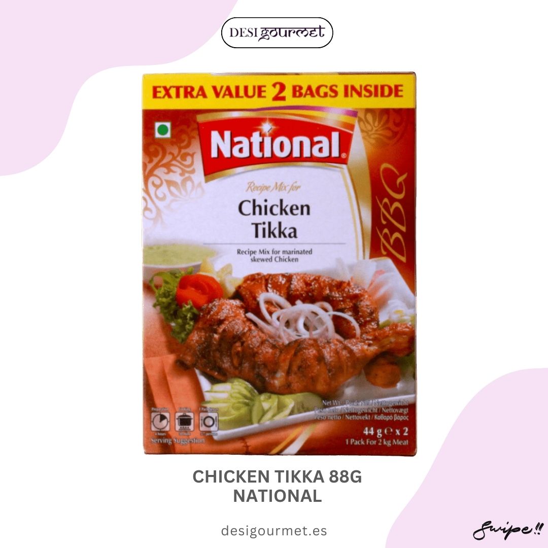 "Discover the rich flavors of Chicken Tikka 88g by National. Perfect for marinated skewed chicken, this mix ensures a delicious BBQ experience. Order now at desigourmet.es."