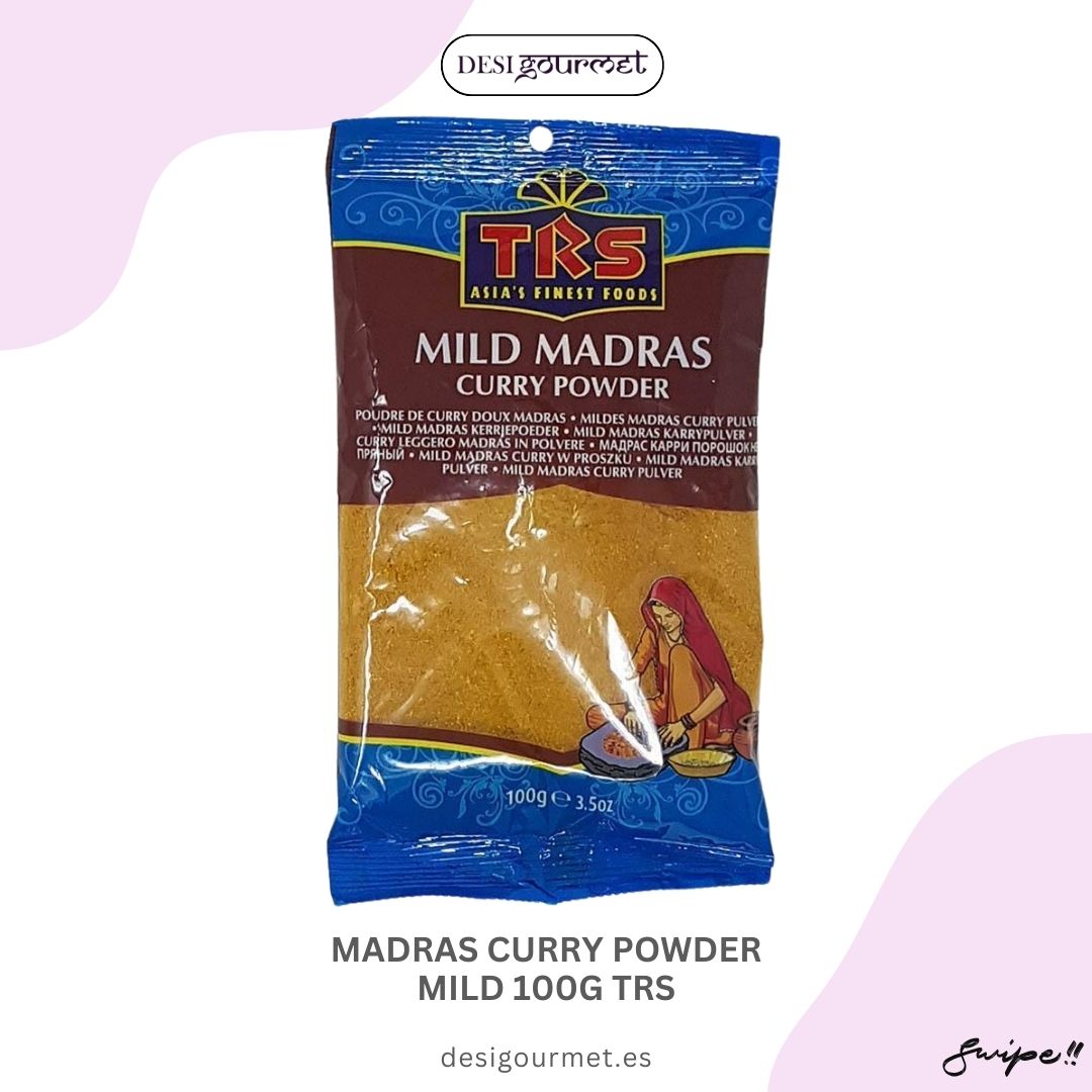 Discover the mild yet flavorful Madras Curry Powder by TRS. Perfect for adding a subtle heat and rich taste to your dishes. Get your 100g pack now at desigourmet.es.