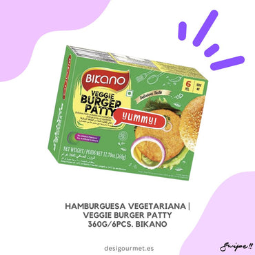 English: Enjoy Veggie Burger Patty with Indian flavors like mint chutney and raita. Healthy and delicious.  Spanish: Disfruta de la Hamburguesa Vegetal con sabores indios como chutney de menta y raita. Saludable y deliciosa.