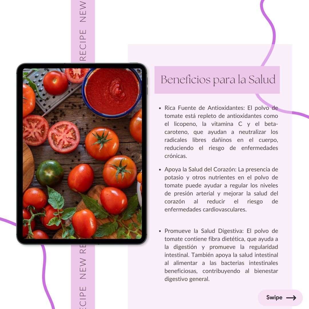 Beneficio para la Salud: "Tomato rice powder is rich in antioxidants like lycopene, supporting heart health and digestion. Add it to your diet for improved overall wellness. Swipe for more info!"