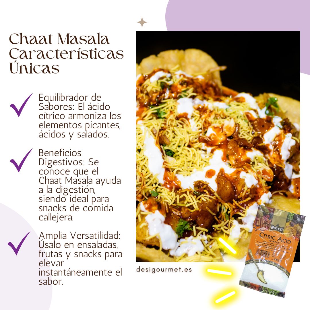 Plato de Chaat Masala, un snack de comida callejera india, con una mezcla colorida de ingredientes que incluye sev, salsas y hierbas. El texto destaca su función como equilibrador de sabores, ayuda digestiva, y condimento versátil, con una imagen de ácido cítrico en la esquina inferior derecha.