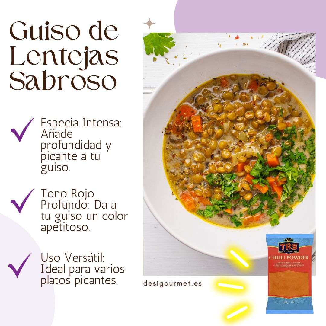 Guiso de Lentejas Sabroso Infographic Alt Text: "An infographic for a tasty lentil stew, featuring a vibrant bowl of lentils and vegetables. Key points highlight intense spices adding depth, a rich red tone for appetizing color, and versatile use of spices for various spicy dishes. Includes TRS Chilli Powder for added heat."