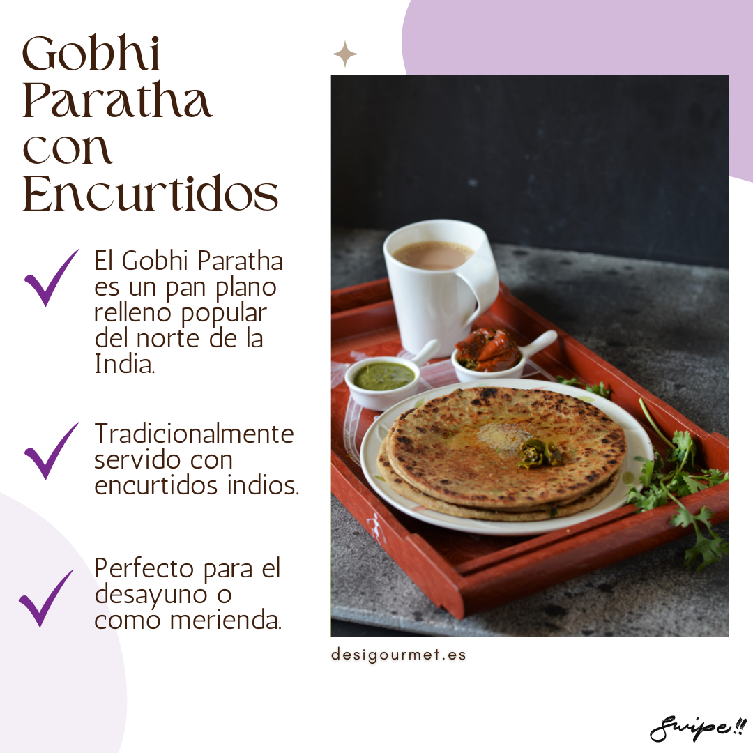 English: Gobhi Paratha 400g, ideal with cooling plain yogurt for a balanced meal. Spanish: Gobhi Paratha 400g, ideal con yogur natural refrescante para una comida equilibrada.