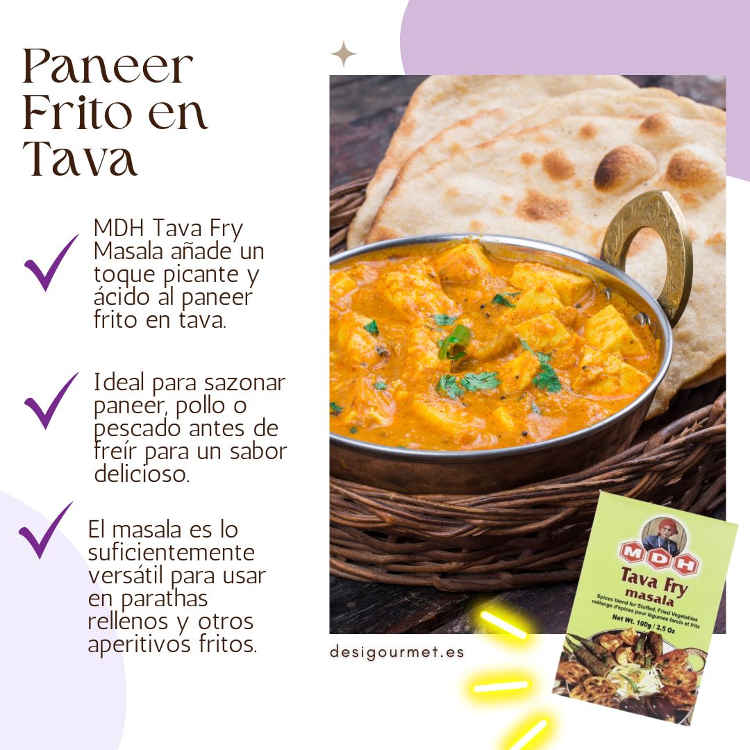 MDH Tava Fry Masala enhances paneer, versatile for chicken and fish, adds tangy flavor.