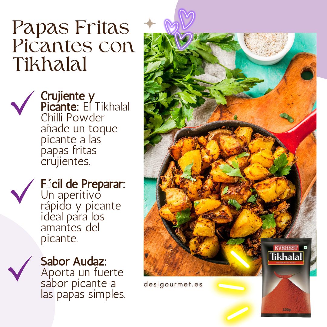 Papas Fritas Picantes con Tikhalal Alt text (English): "Crispy fried potatoes seasoned with Everest Tikhalal chilli powder for a bold, spicy taste." Alt text (Spanish): "Papas fritas crujientes sazonadas con chile en polvo Tikhalal de Everest para un sabor audaz y picante."