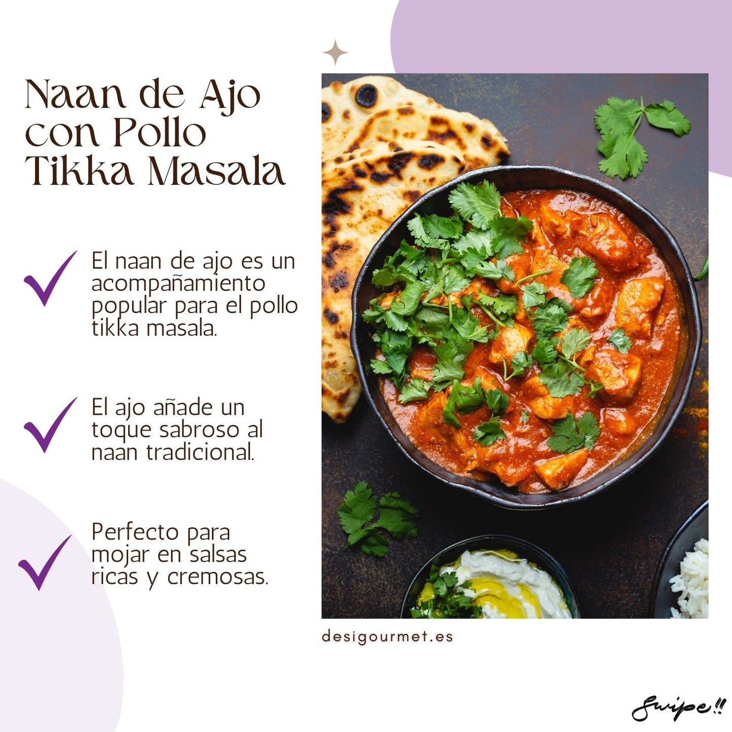 English: Garlic naan 340g, ideal with vegetarian dishes like saag paneer. Spanish: Naan de ajo 340g, ideal con platos vegetarianos como saag paneer.