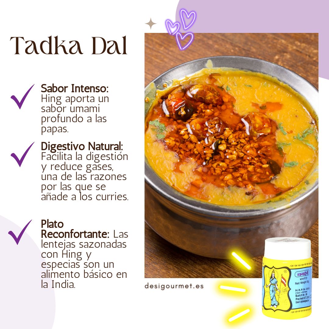 Tadka Dal, un reconfortante plato de lentejas indias, sazonado con especias y Hing para un sabor umami profundo y beneficios digestivos, destacando el Hing de Vandevi.