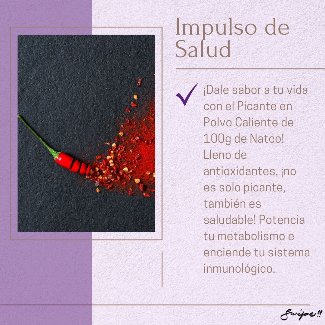 Impulso de Salud "Add a healthy kick to your meals with Natco's Extra Hot Chilli Powder. Packed with antioxidants, it boosts metabolism and immune health."