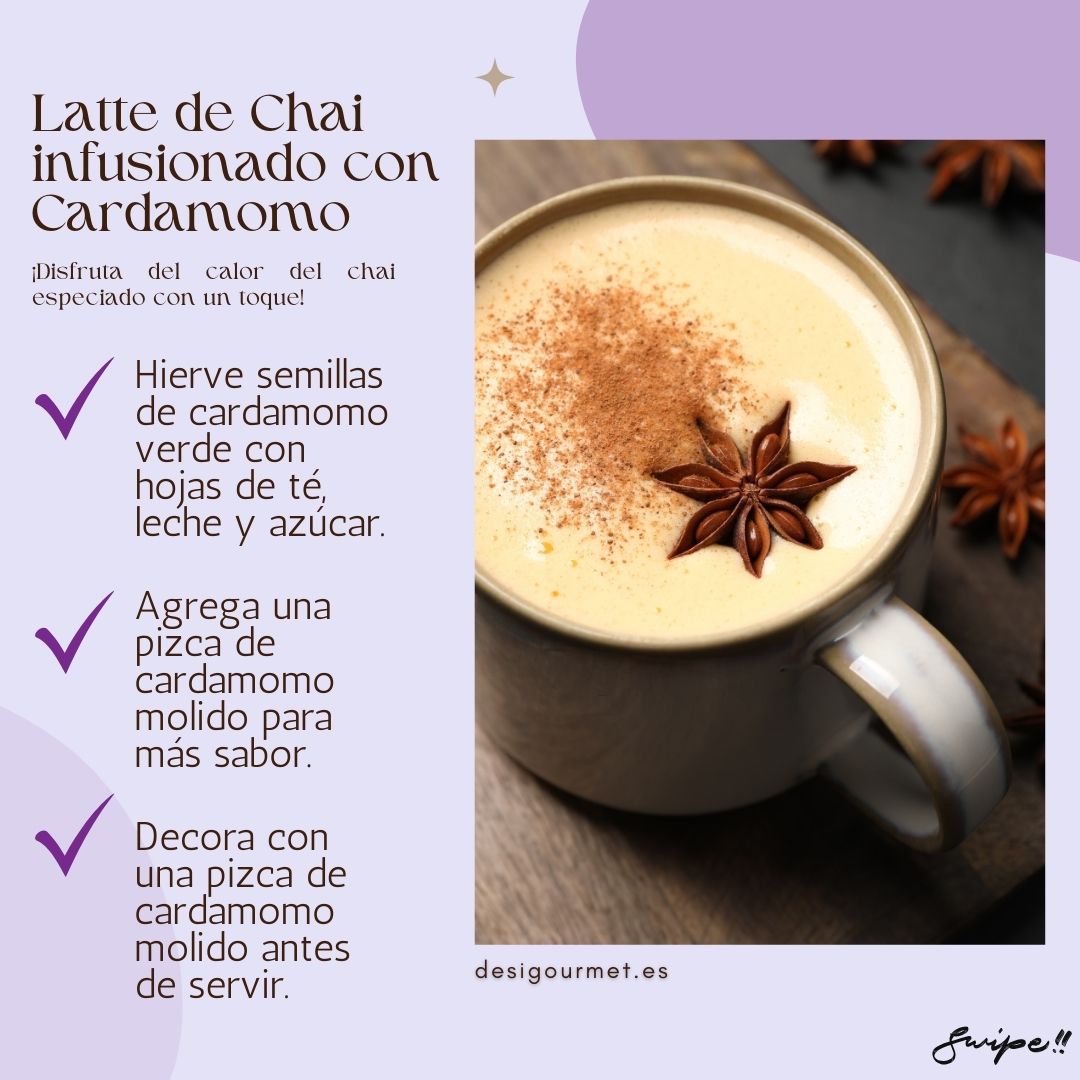 2. Latte de Chai Infusionado con Cardamomo Meta Description: Enjoy a warm and aromatic Cardamom Chai Latte. Infuse tea leaves, milk, and sugar with green cardamom seeds. Add a pinch of ground cardamom for extra flavor.
