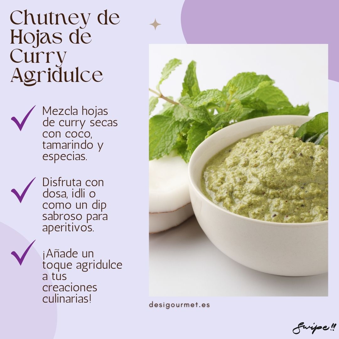 Image: Chutney de Hojas de Curry Agridulce "Sweet and sour curry leaves chutney. Mix with coconut, tamarind, and spices. Enjoy with dosa, idli, or as a tasty dip for appetizers. Adds a tangy touch to your dishes."