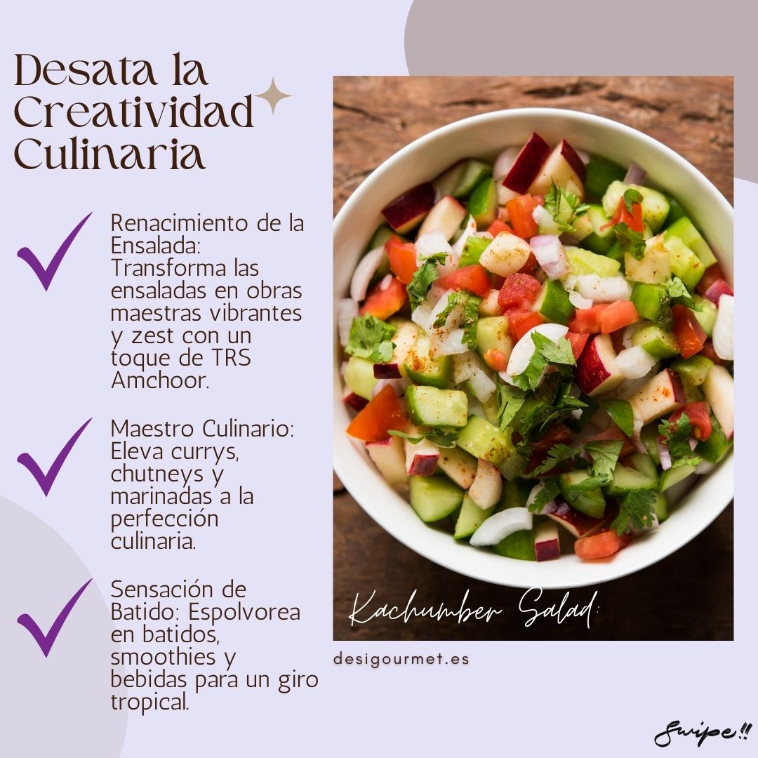Desata la Creatividad Culinaria: Transform salads, curries, and smoothies with TRS Amchoor. This versatile spice elevates flavors, adding a vibrant and tropical twist to your dishes.