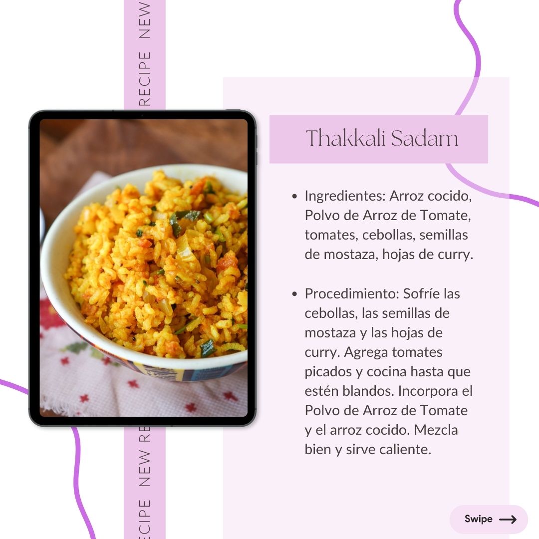Thakkali Sadam: "Make Thakkali Sadam with cooked rice, tomato rice powder, tomatoes, onions, mustard seeds, and curry leaves. A quick and flavorful dish. Swipe for the recipe!"
