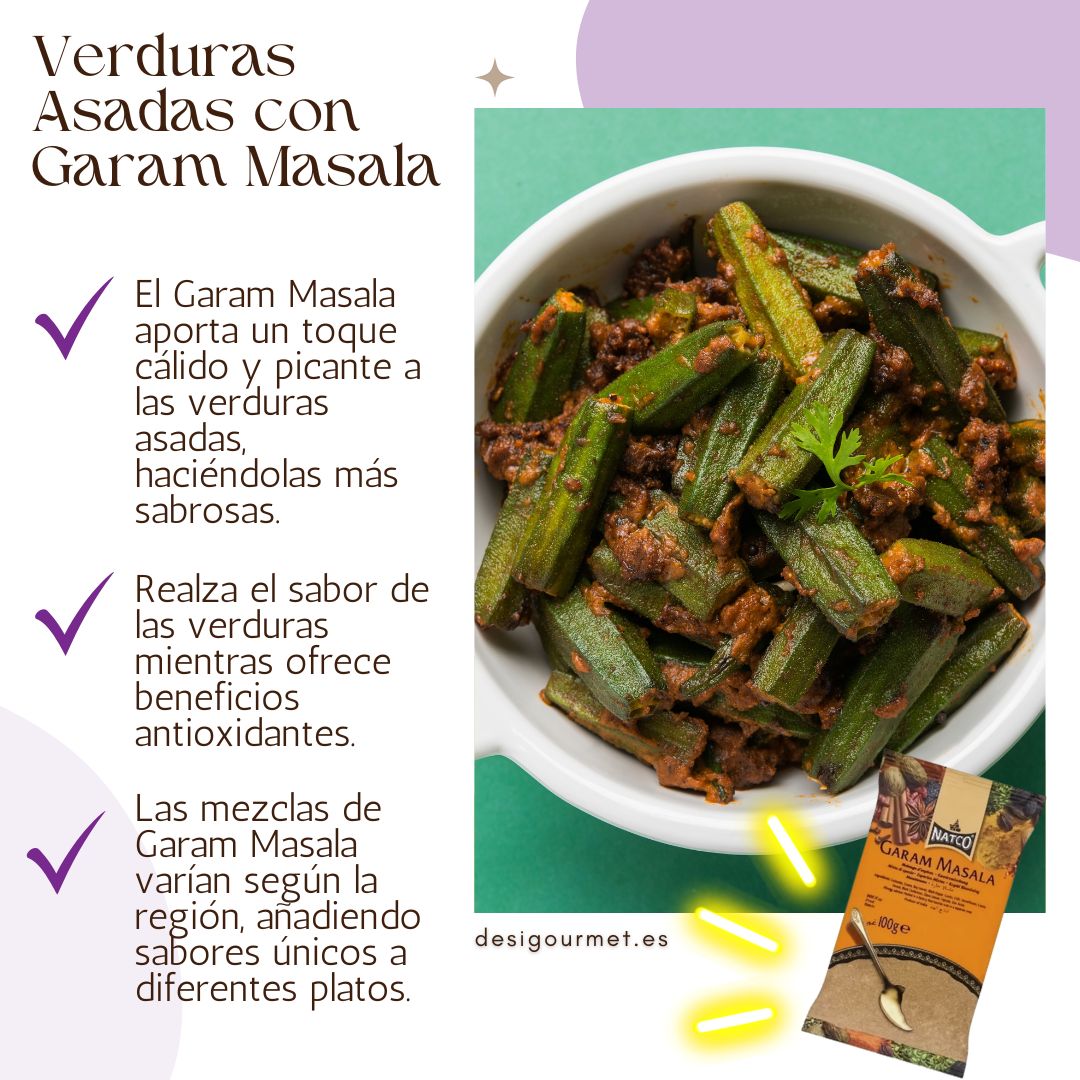 A vibrant dish of roasted vegetables, including okra, seasoned with Garam Masala for a warm, spicy kick. Accompanying text describes how Garam Masala elevates the flavor and adds health benefits.