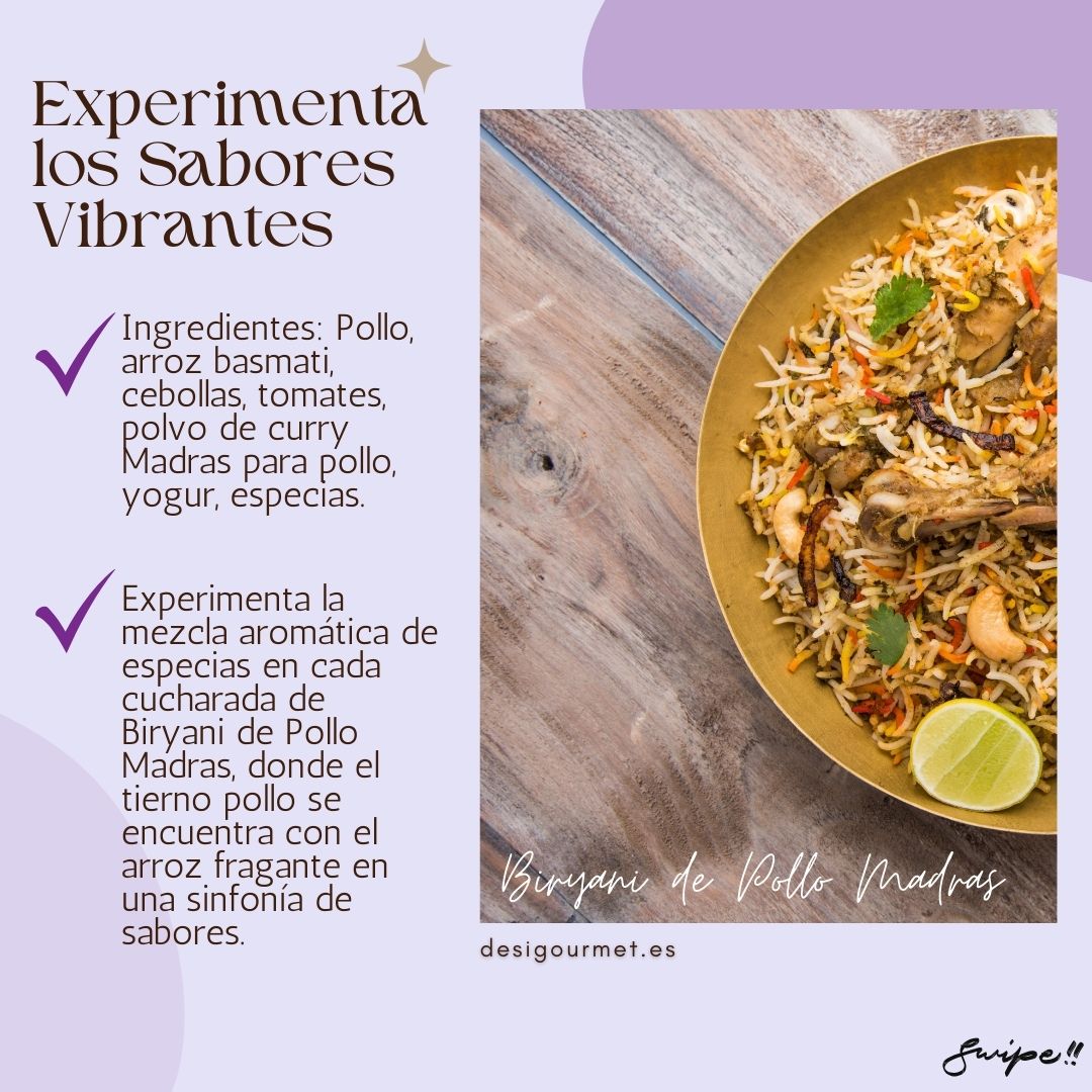 Experimenta los Sabores Vibrantes "Biryani de Pollo Madras: Experience the aromatic mix of spices in each spoonful of this flavorful chicken and basmati rice dish."