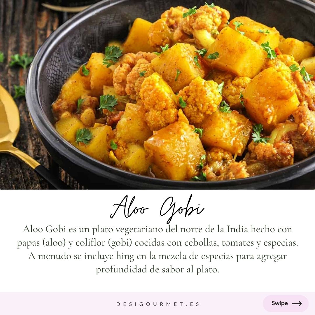 "Aloo Gobi" Meta Description: "Aloo Gobi: A North Indian vegetarian dish with potatoes, cauliflower, onions, tomatoes, and spices. Hing adds depth to this flavorful mix."