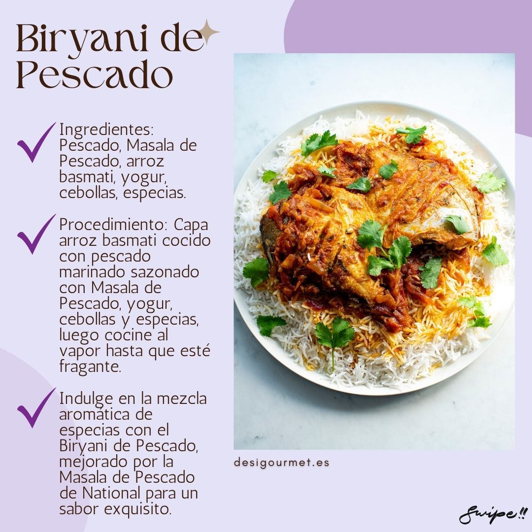 Biryani de Pescado "Indulge en la mezcla aromática de especias con el Biryani de Pescado, mejorado por la Masala de Pescado de National para un sabor exquisito. #BiryaniDePescado #RecetasDesiGourmet #DesiGourmet"