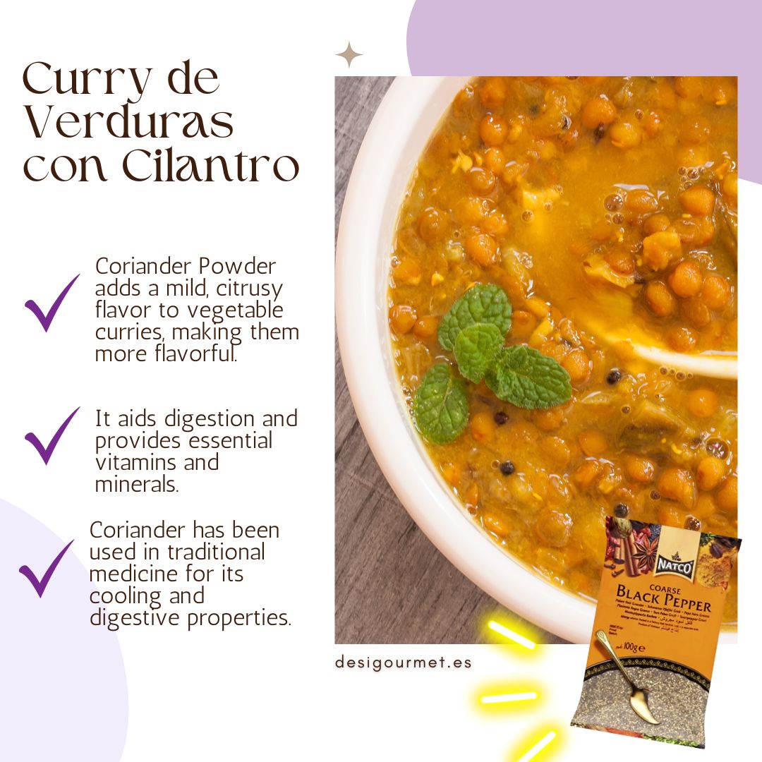 Coriander Powder adds mild flavor to curry, aids digestion, provides vitamins and minerals.
