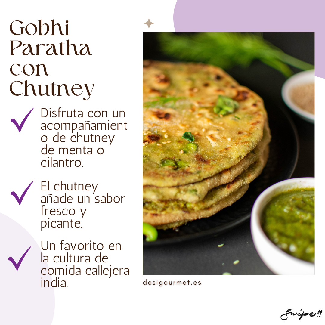 English: Gobhi Paratha 400g, perfect with tangy Indian pickles for an authentic meal. Spanish: Gobhi Paratha 400g, perfecto con encurtidos indios para una comida auténtica.