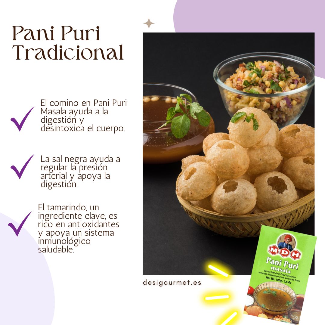 MDH Pani Puri Masala aids digestion, rich in antioxidants, essential for traditional Pani Puri.