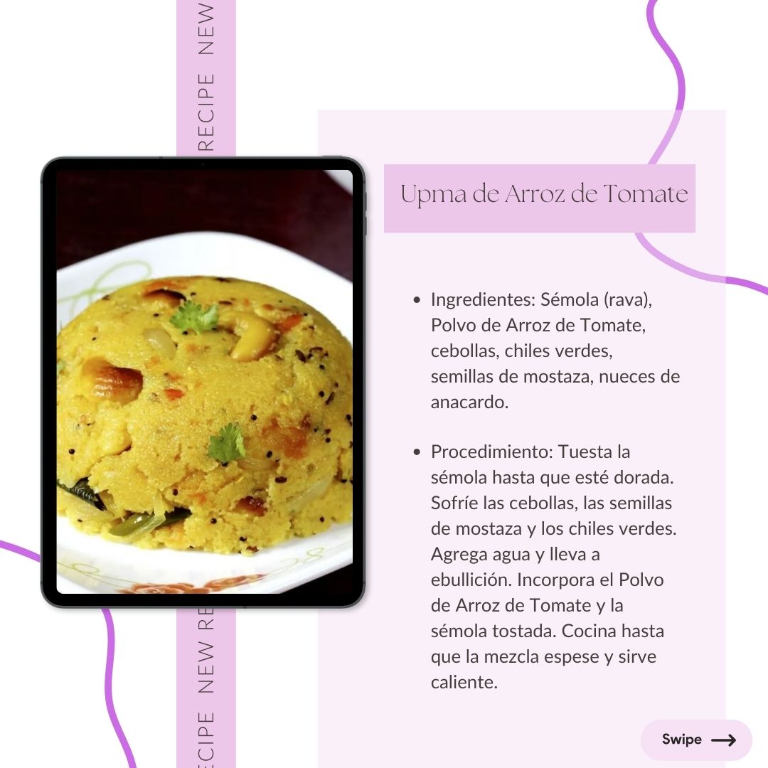 Upma de Arroz de Tomate: "Try Tomato Rice Upma made with semolina, tomato rice powder, onions, green chilies, mustard seeds, and cashews. A savory dish perfect for any meal. Swipe for details!"