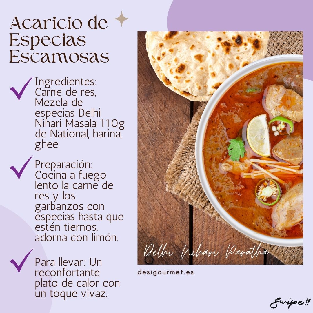 Savor the delicate touch of flaky spices with Delhi Nihari Masala. Slow-cooked beef and chickpeas in rich spices, garnished with lemon. A comforting, vibrant dish.