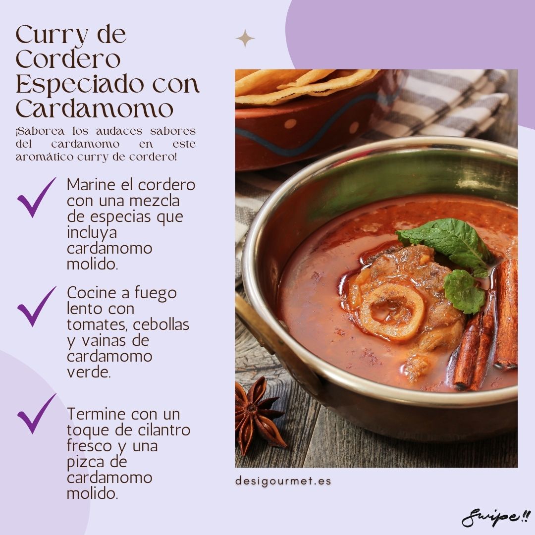 4. Curry de Cordero Especiado con Cardamomo Meta Description: Savor the bold flavors of Spiced Lamb Curry with Cardamom. Marinate lamb with cardamom, slow-cook with tomatoes, onions, and green cardamom pods. Finish with fresh cilantro and ground cardamom.