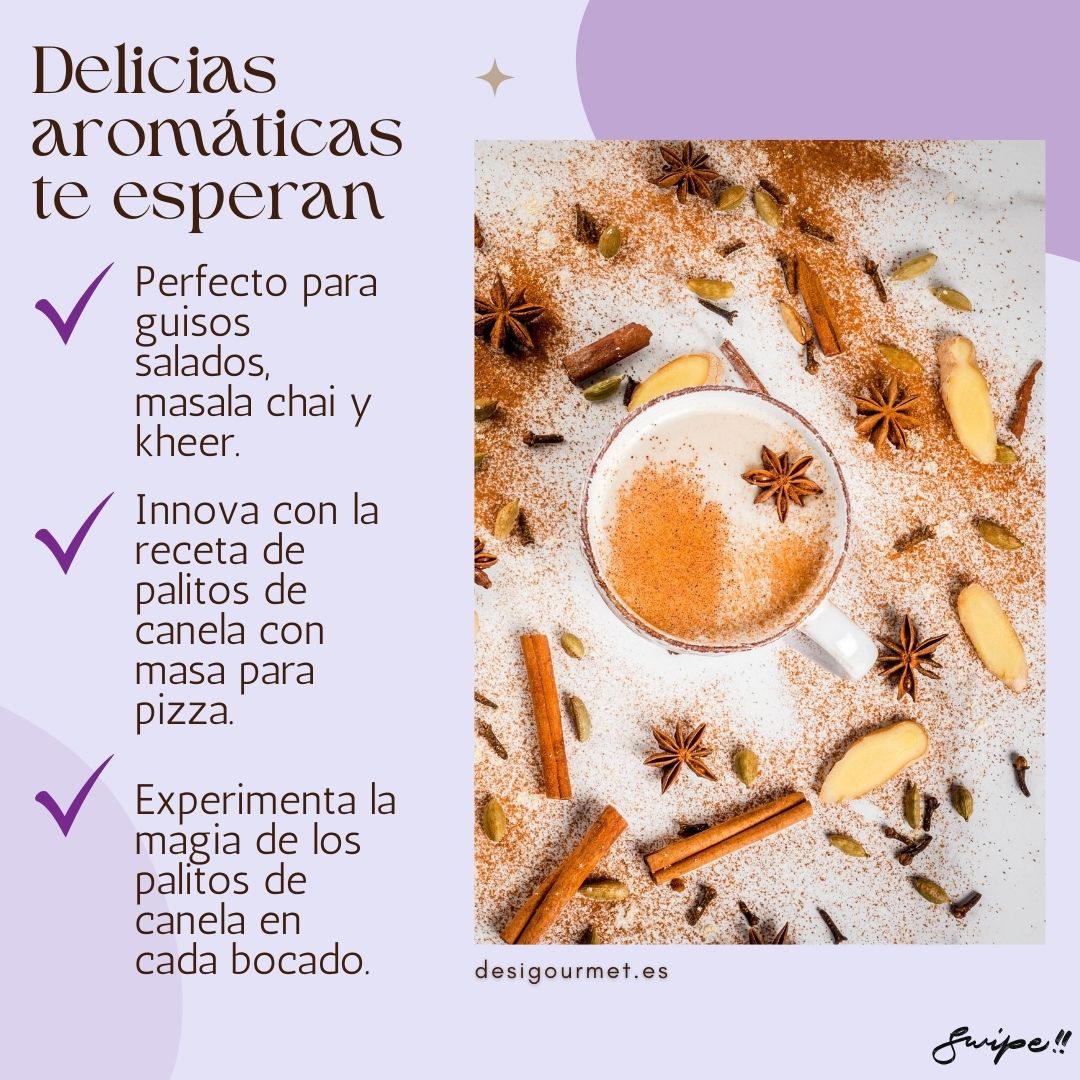 Image 4: Delicias Aromáticas te Esperan Meta Description: Perfect for savory stews, masala chai, and kheer. Innovate with cinnamon stick recipes for pizza dough and enjoy the magic of cinnamon in every bite. Keywords: Cinnamon sticks, savory stews, masala chai, kheer, pizza dough, aromatic spice, innovative recipes, culinary magic.