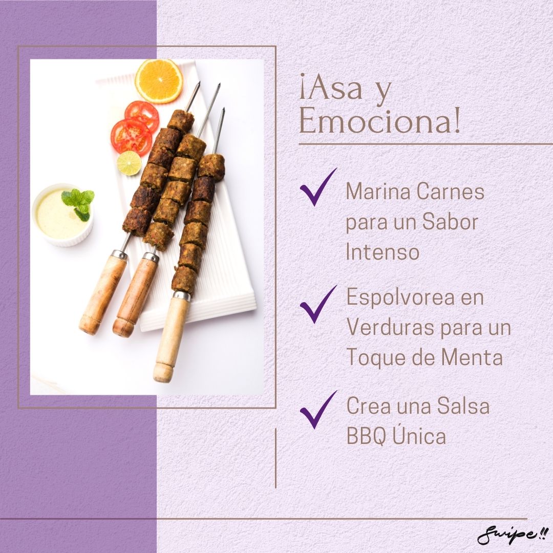 Image 4: ¡Asa y Emociona! Meta Description: "Grill and excite with Podina. Marinate meats for intense flavor, sprinkle on veggies for a minty touch, or create a unique BBQ sauce."