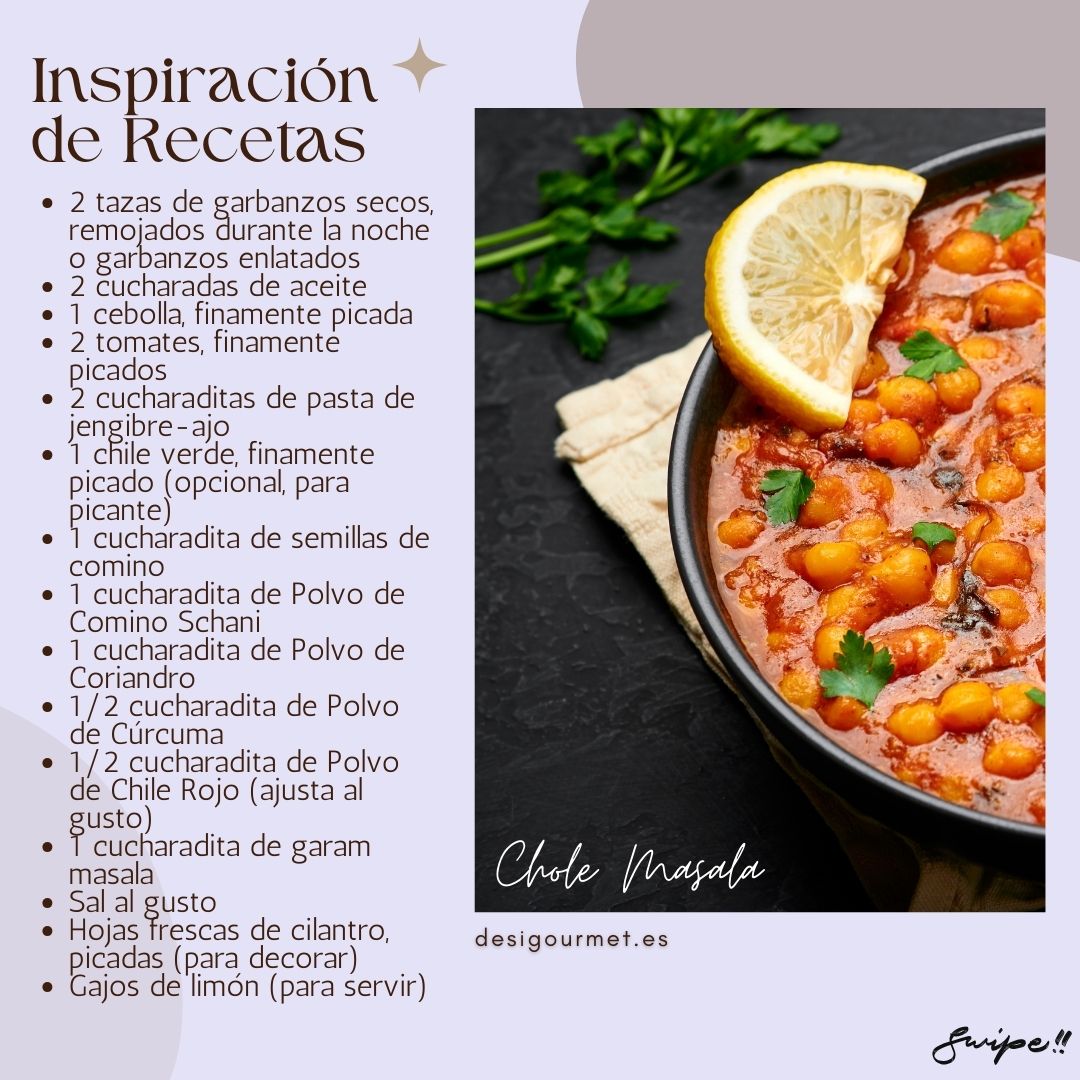 Inspiracion de Recetas "Prueba Chole Masala con Polvo de Comino Schani: garbanzos, tomate, jengibre, ajo, y una mezcla de especias que crean un plato lleno de sabor."