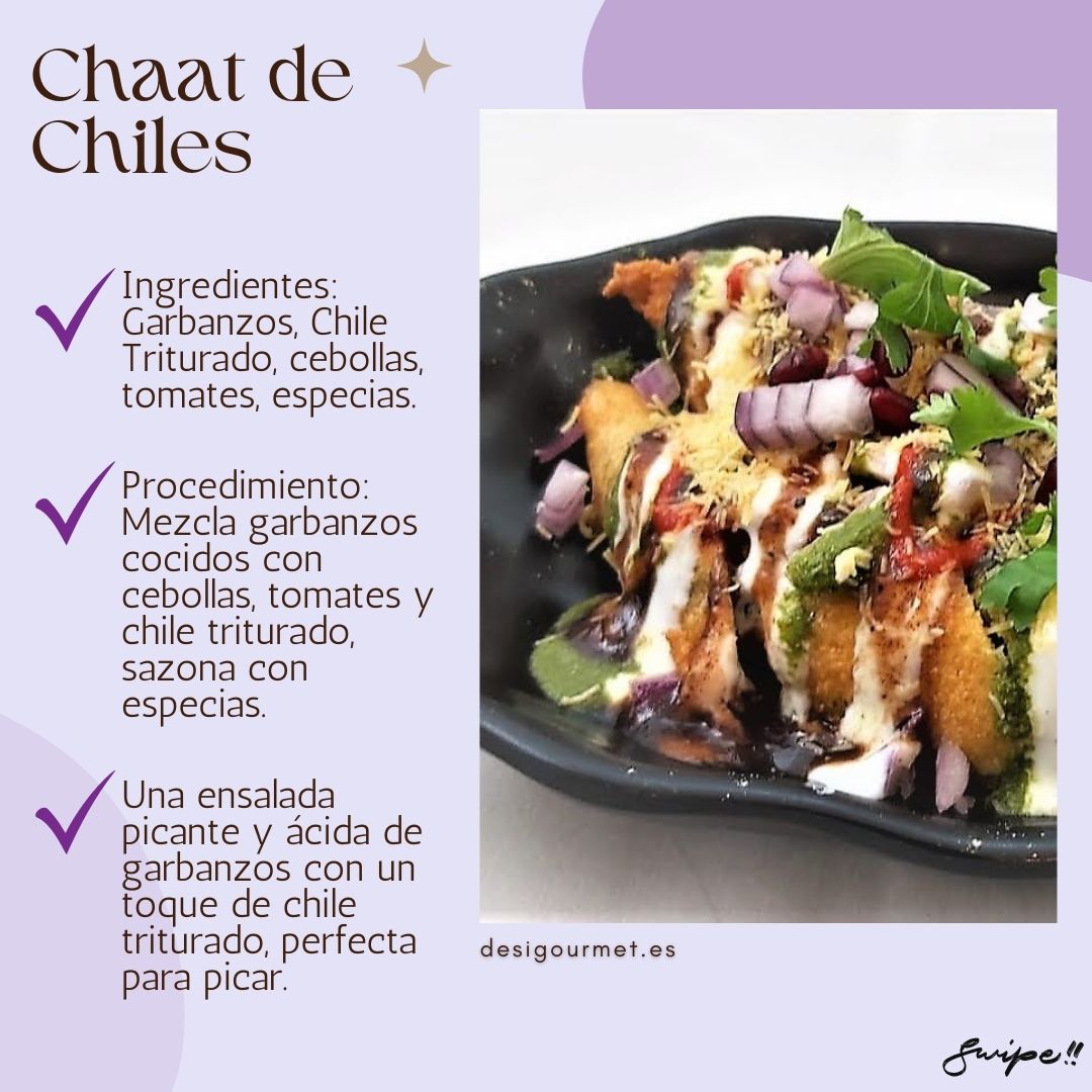 Chaat de Chiles Meta Description: A tangy and spicy chickpea salad with Chilli Powder, tomatoes, and onions. Perfect for a flavorful snack. Check out the recipe at desigourmet.es.