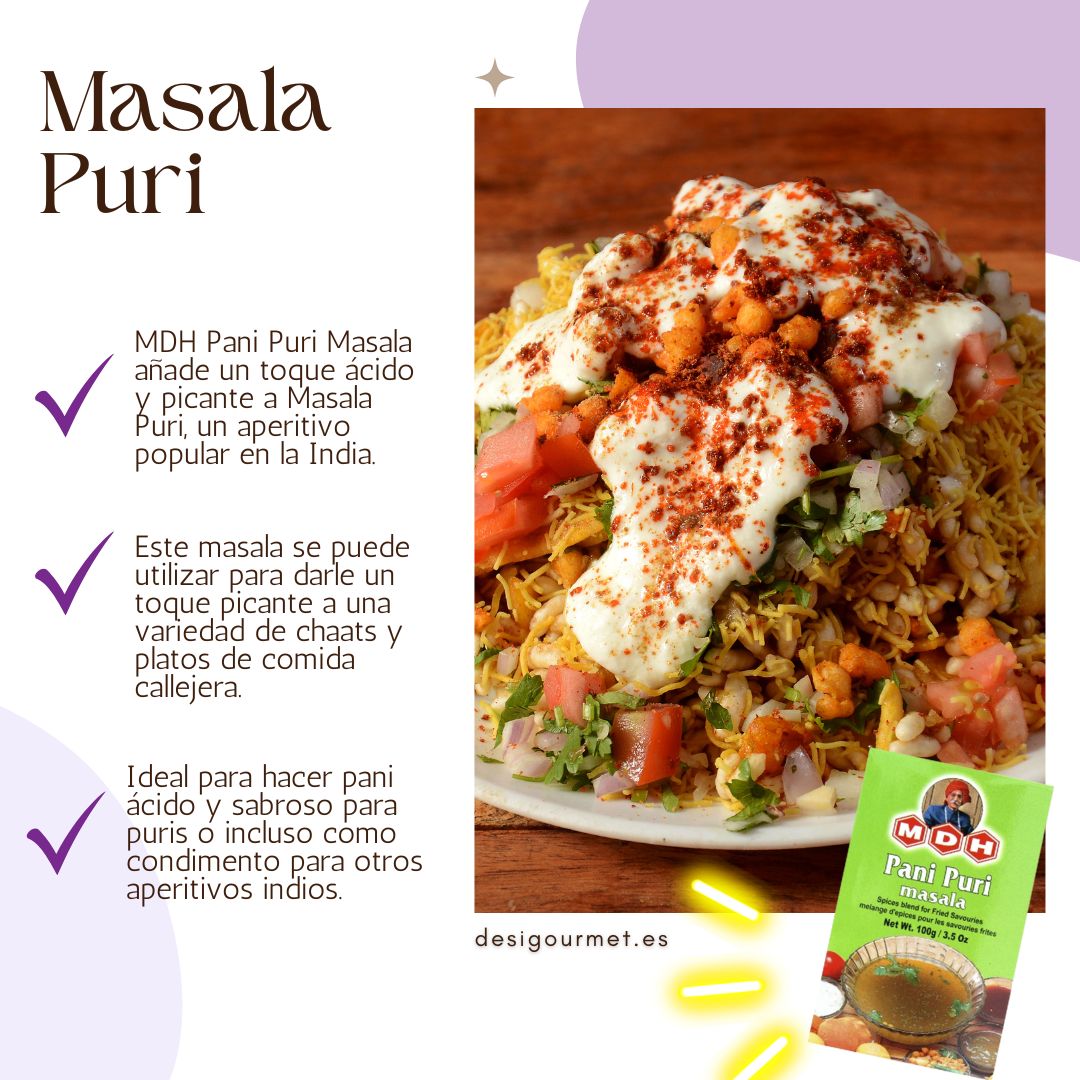 MDH Pani Puri Masala enhances chaats, perfect for Masala Puri, adds tangy flavor.
