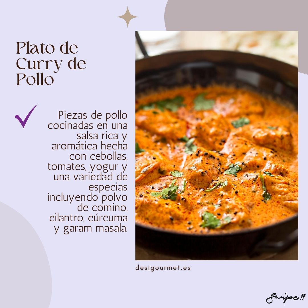 Plato de curry de pollo: "Delicious chicken curry made with onions, tomatoes, yogurt, and a variety of spices, including cumin, coriander, turmeric, and garam masala for a rich, aromatic sauce."
