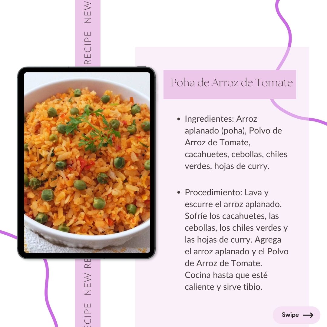 Poha de Arroz de Tomate: "Enjoy Tomato Rice Poha with flattened rice, tomato rice powder, peanuts, onions, green chilies, and curry leaves. A nutritious, easy-to-make snack. Swipe for the recipe!"