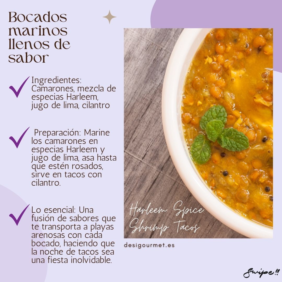 Bocados marinos llenos de sabor "Transport your taste buds to sandy beaches with Harleem Spice Shrimp Tacos. Infused with lime juice and cilantro, these tacos offer a refreshing and flavorful seafood delight. Perfect for taco nights."