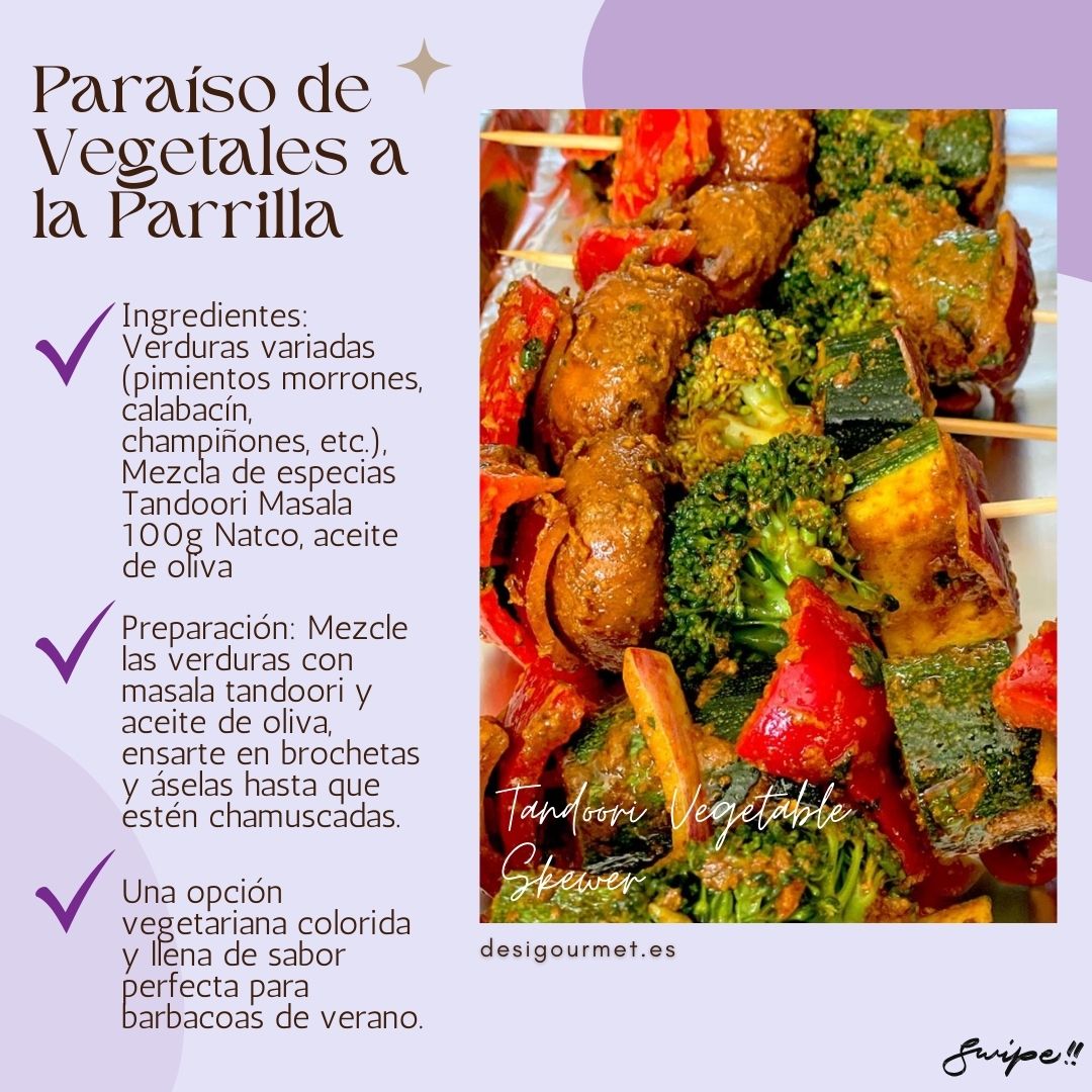 Paraíso de Vegetales a la Parrilla: "Vegetarian Tandoori Skewers with Natco Tandoori Masala. Mix veggies with olive oil and masala, skewer, and grill for a colorful, flavorful BBQ option. #VegetableSkewers"