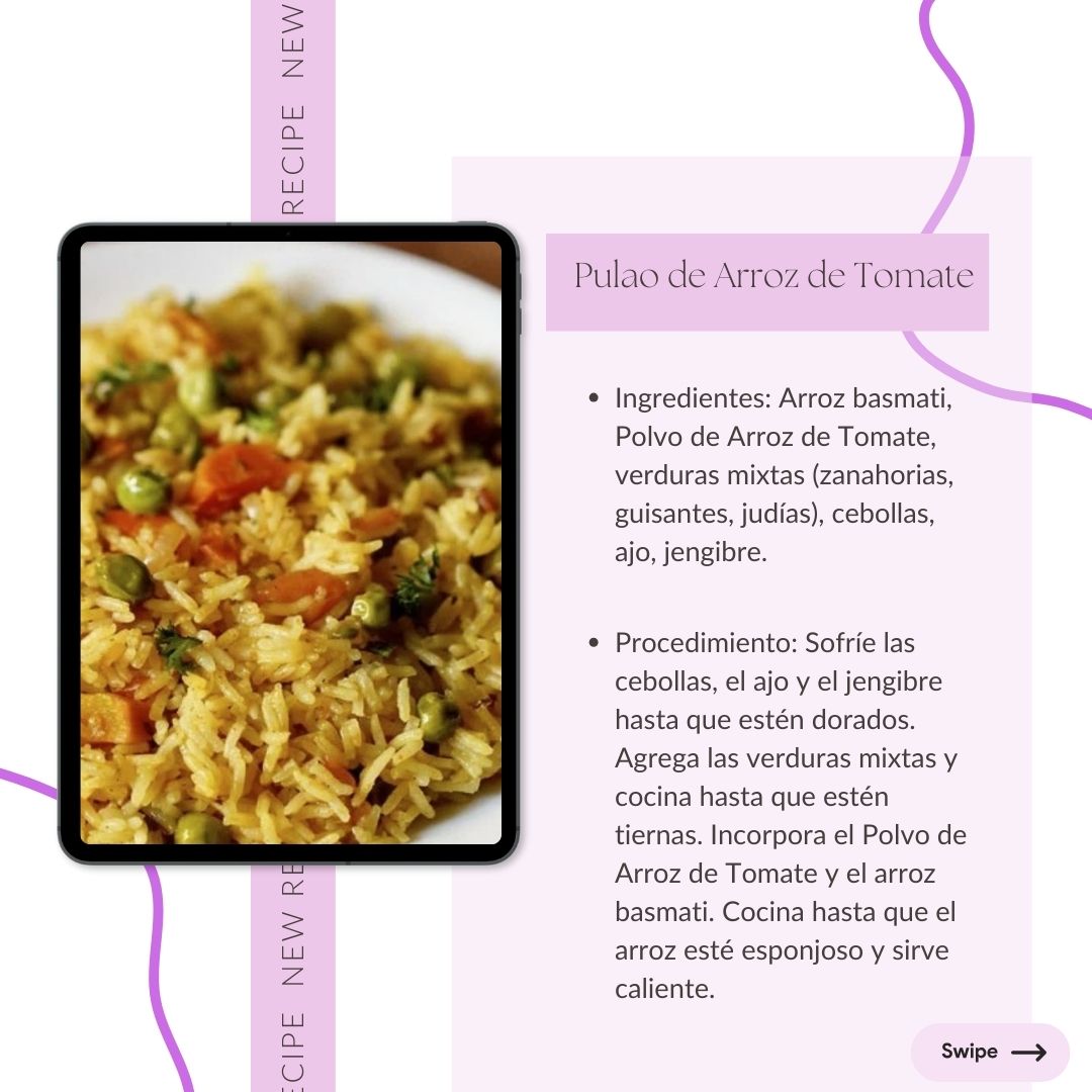 Pulao de Arroz de Tomate: "Tomato Rice Pulao with basmati rice, mixed veggies, onions, garlic, ginger, and tomato rice powder. A delicious and wholesome meal. Swipe for the full recipe!"