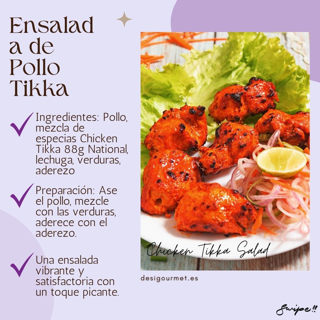 Ensalada de Pollo Tikka "Enjoy a vibrant Chicken Tikka Salad made with National's spice mix. Grilled chicken, fresh lettuce, veggies, and dressing make a satisfying dish. Get the recipe at desigourmet.es."